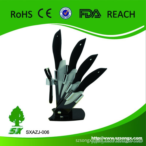 Promotional 6-Pieces Ceramic Knife Set with/ABS handle with acrylic block,classic design white blade and black handle